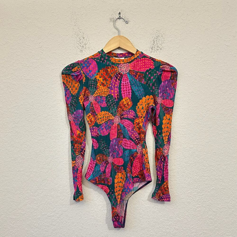 FARM RIO Heart Daisy Bodysuit Pink Teal Floral Ribbed Knit Long Sleeve